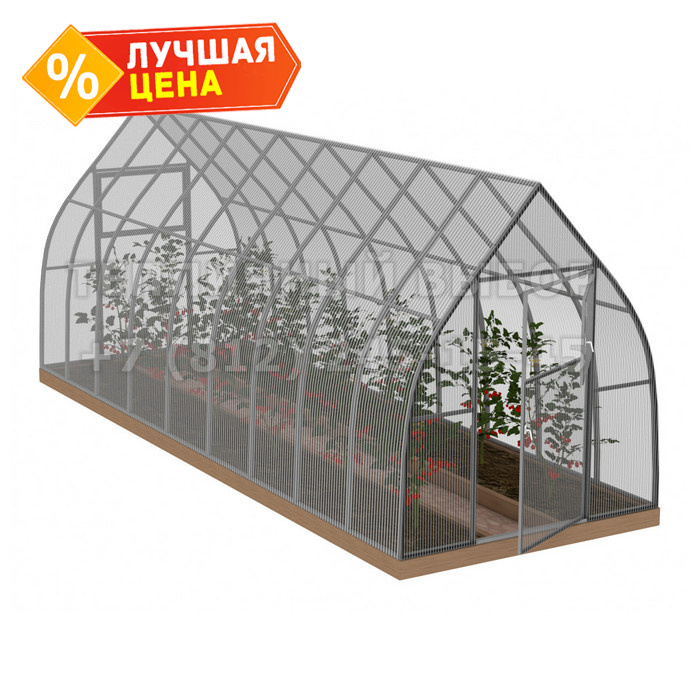 Теплица из поликарбоната Усиленная Капелька 2,1х12 h=2.3 м профиль 25х25 мм