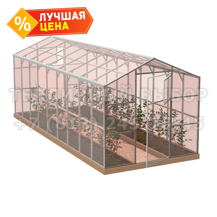 Теплица из поликарбоната-фито Усиленная Домиком 2,3х12 h=2.1 м профиль 25х25 мм